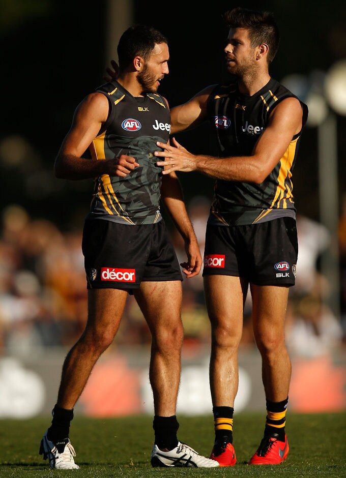 AFL 2016 NAB Challenge - Richmond v Hawthorn BEACONSFIELD, AUSTRALIA - FEBRUARY 27: Shane Edwards (left) and Trent Cotchin of the Tigers celebrate during the 2016 NAB Challenge match between Richmond Tigers and the Hawthorn Hawks at Holm Park Recreation Reserve, Beaconsfield on February 27, 2016. (Photo by Michael Willson/AFL Media)